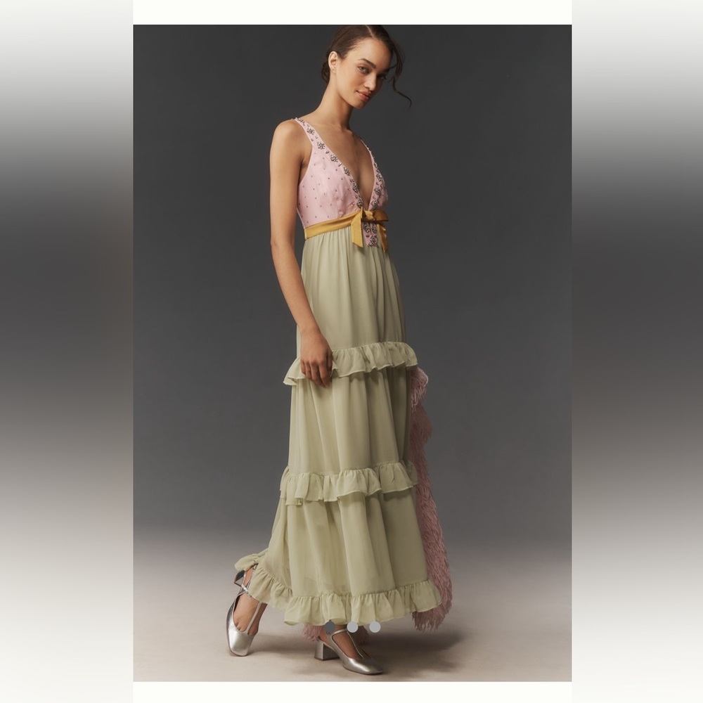 NWT Maeve Embellished Deep-V Tiered Ruffle Maxi Dress